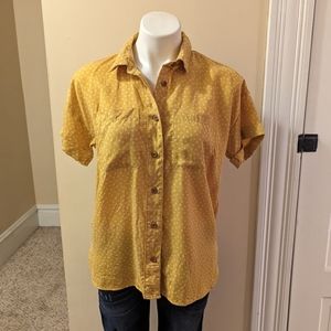 Duluth Trading Co mustard yellow and white polka dot button down top size xs